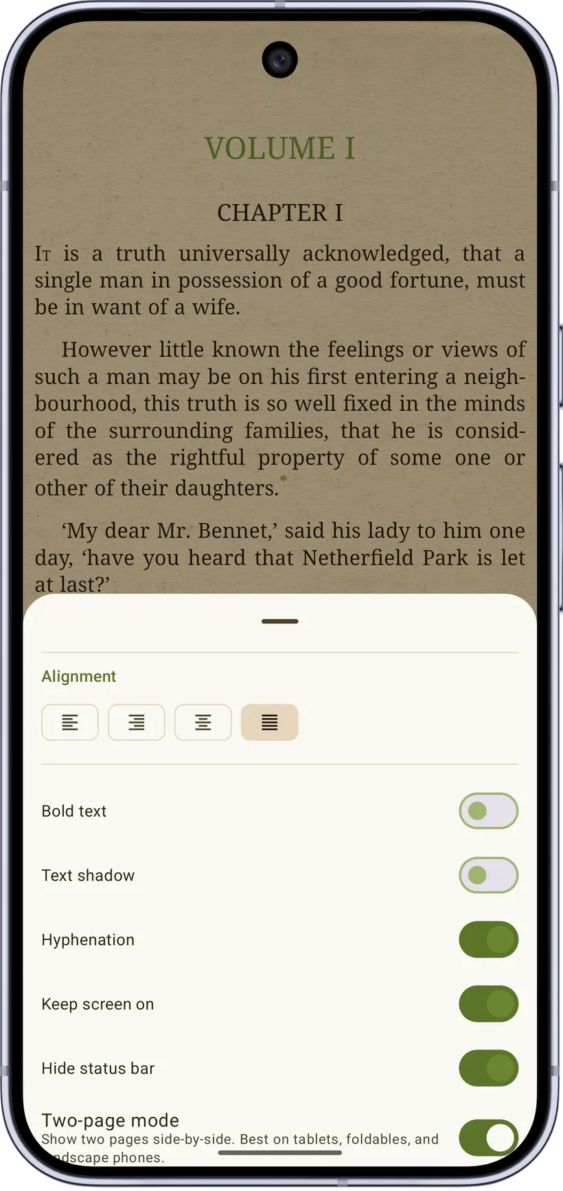 Reader settings — layout