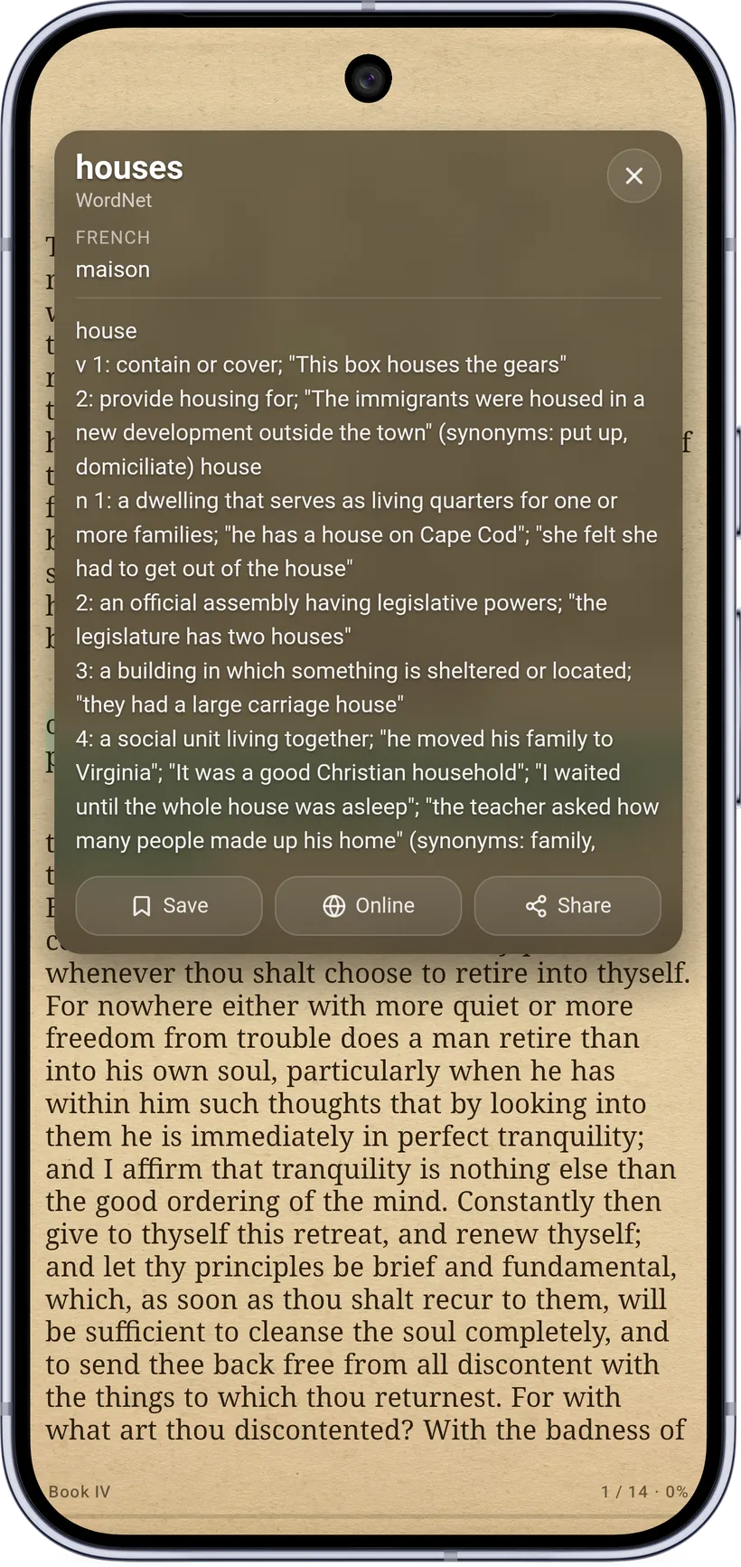 Looking up a word in the offline dictionary with an instant translation