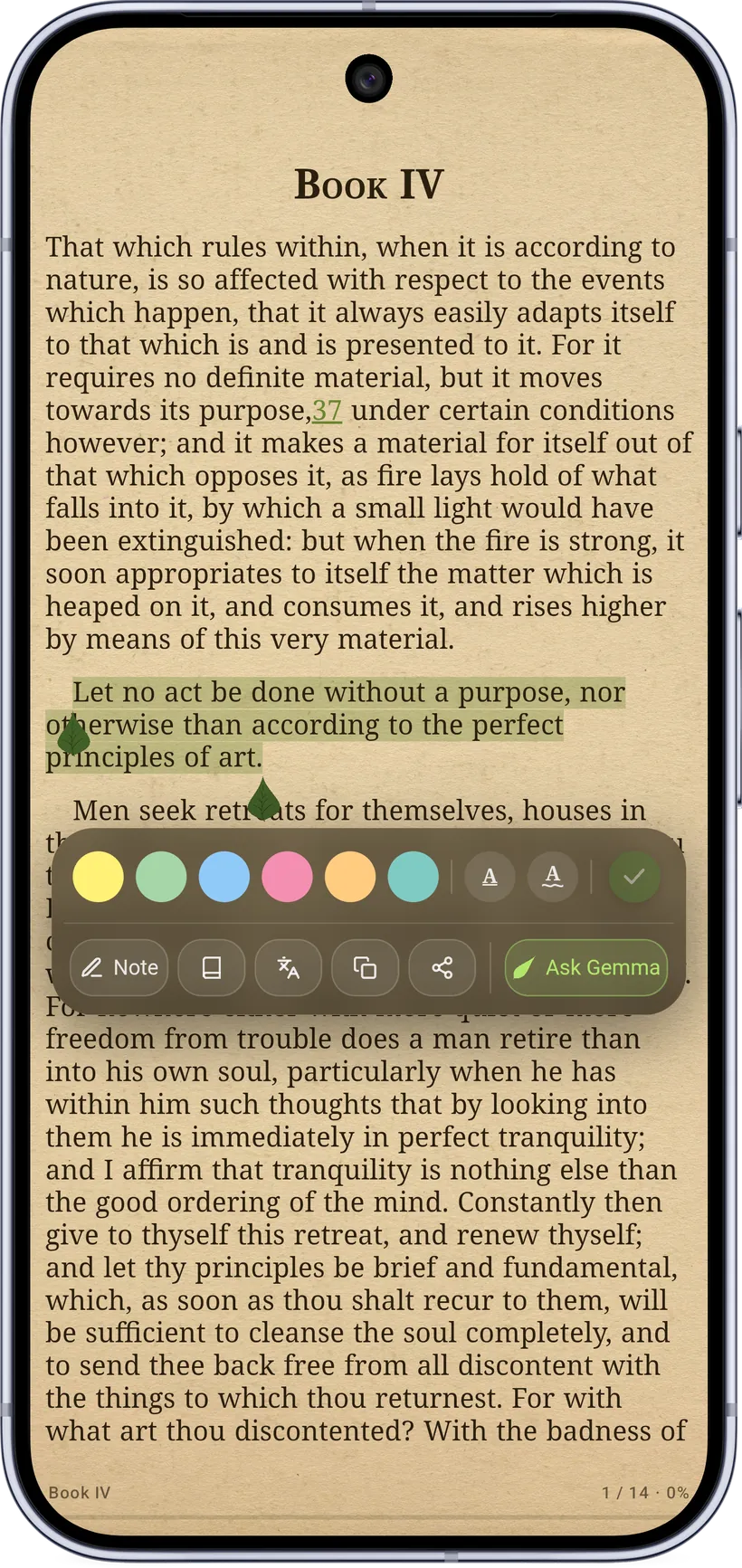 The text selection bar with dictionary, translate and Ask Gemma
